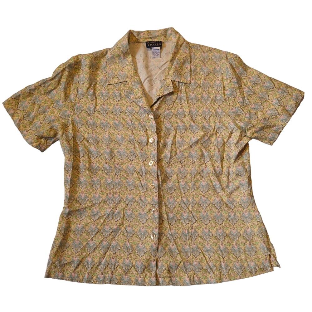 ANDREA VICCARO 100% Silk Short Sleeve Button up Tailored Blue Green Yellow Siz L